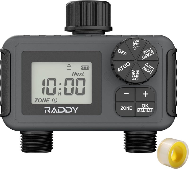 Raddy WS-5 Sprinkler Timer 2 Zone, Programmable Water Hose Timer 2 Outlet for Garden, Outdoor Automatic Irrigation System IP55 Waterproof with Rain Delay/Manual for Lawn, Yard, Pool - Image 1